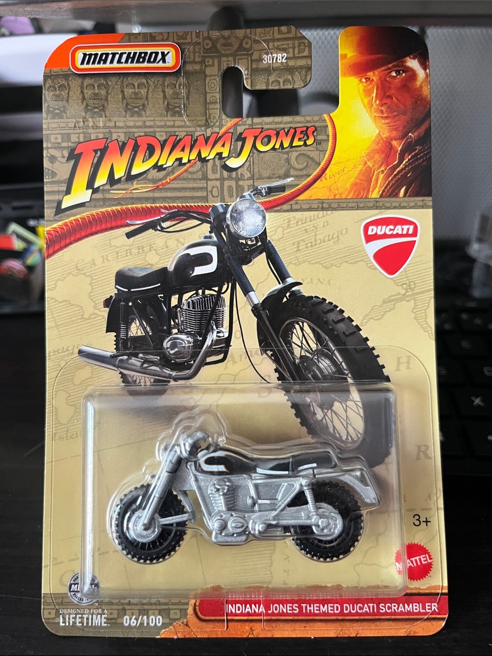 Matchbox Indiana Jones Ducati Scrambler Toy Motorcycle - Silver & Black